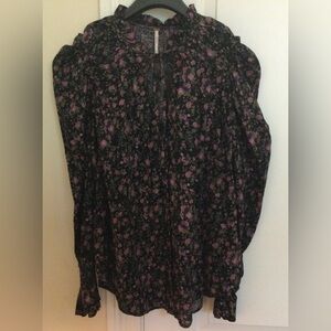 Free People Cotton Navy w/ Pink Floral; Ruffle Collar Top; Size L, Worn Once